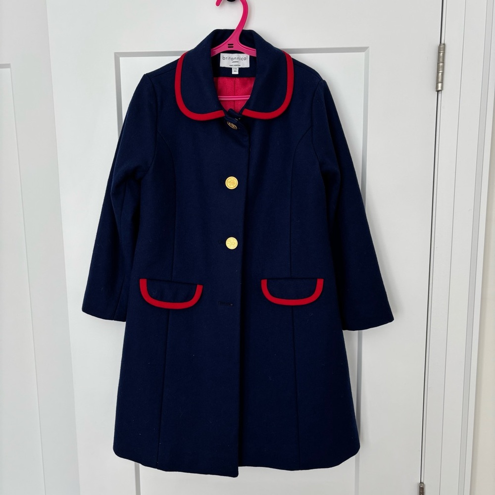 Britannical Navy Blue Kids Wool Coat with Red Accents
